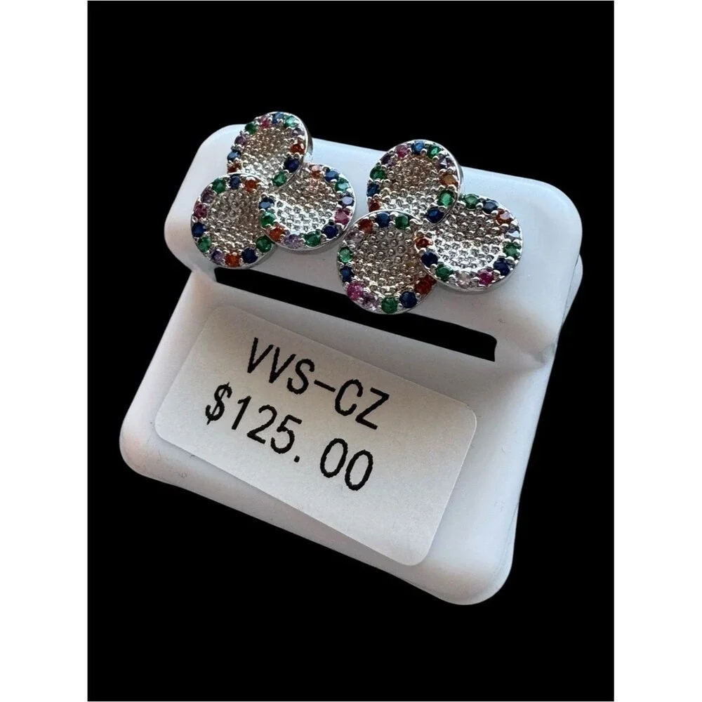 Multi Color VVS CZ Pavé Cluster Stud Earrings NWT Rainbow Stainless Steel